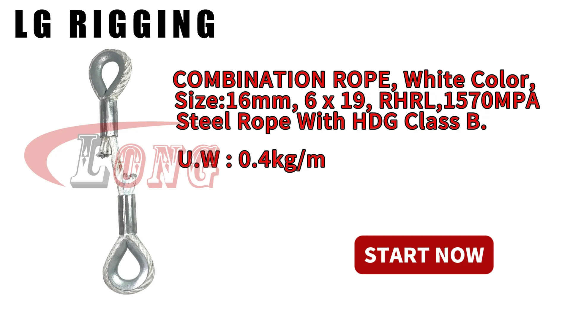 LGRIG® Break Test 16mm Combination Rope White Color 6x19 RHRL 1570Mpa HDG